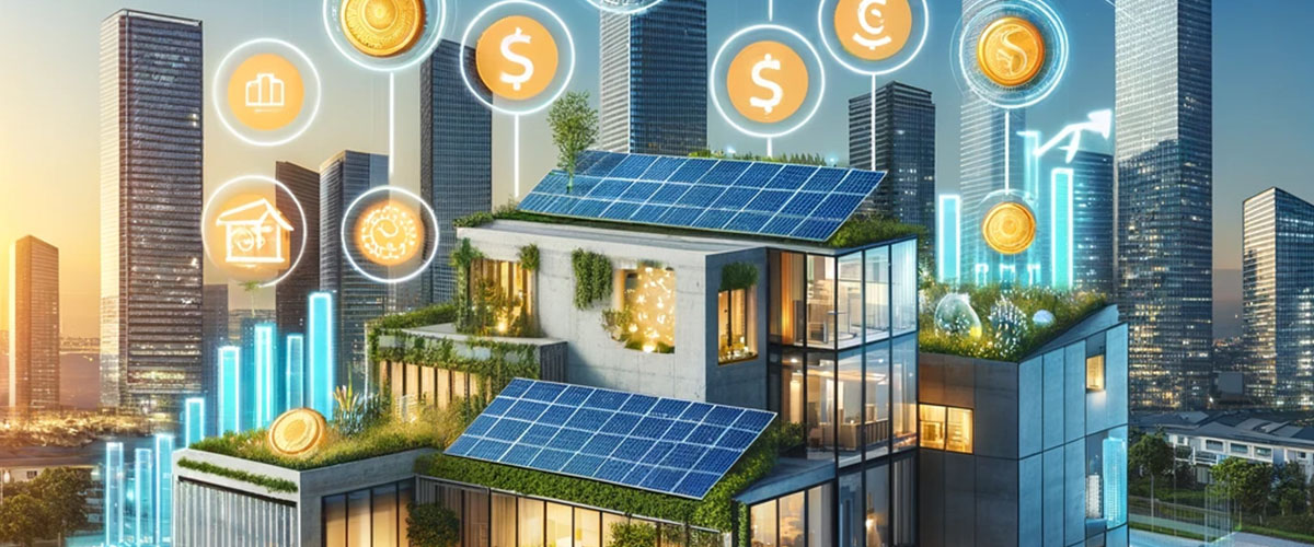 Edificios de oficinas con paneles solares y símbolos de dolar